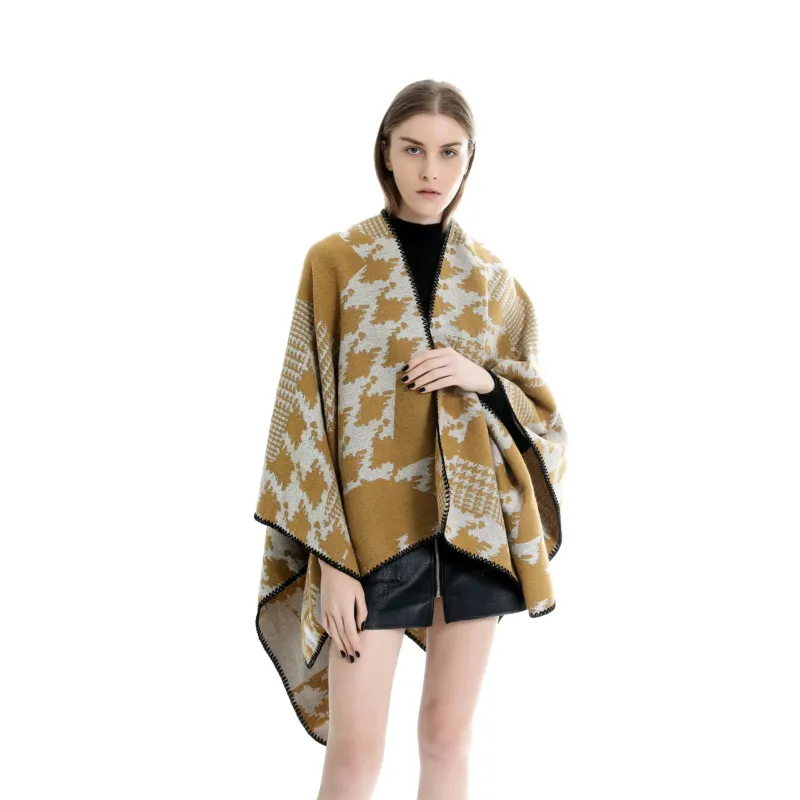 Damen Cape‑Poncho im Ruana‑Schnitt mit dekorativer Kettelkante und zweifarbiger Jacquardstruktur – Montévia