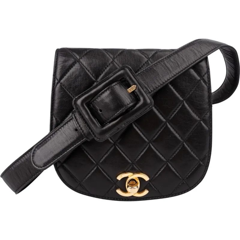 Chanel Black Quilted Lambskin 24K Gold Single Flap Vintage Shoulder Belt Bag