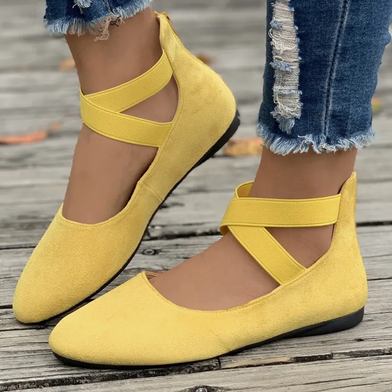 Damen Flache Ballerina-Slipper aus Wildlederimitat mit elastischen Kreuzriemen – Lioré