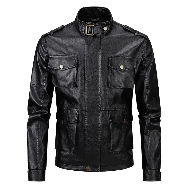 Herren Kunstlederjacke im stilvollen Militärlook mit funktionalen Pattentaschen – Valtoré