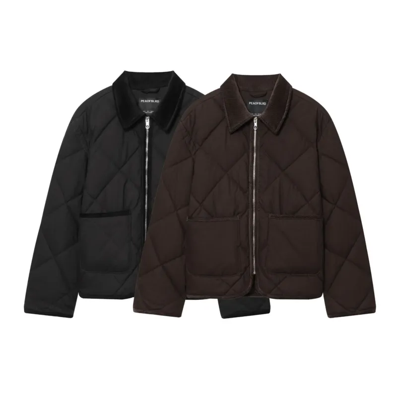 Damen diamantgesteppte kurze Boxy-Jacke mit Cordkragen und Metallreißverschluss – Célinea