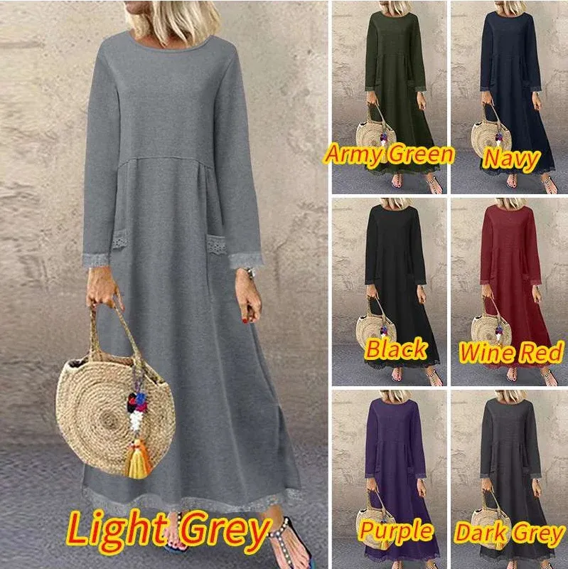 Damen Maxikleid mit lockerem A‑Linien Schnitt, Rundhalsausschnitt, aufgesetzten Eingrifftaschen und zierlichem Spitzenbesatz – Valéora