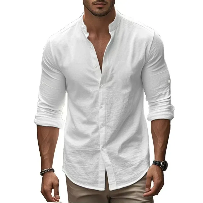 Herren Leinenhemd mit Mandarin-Kragen und langem Arm – Arvello