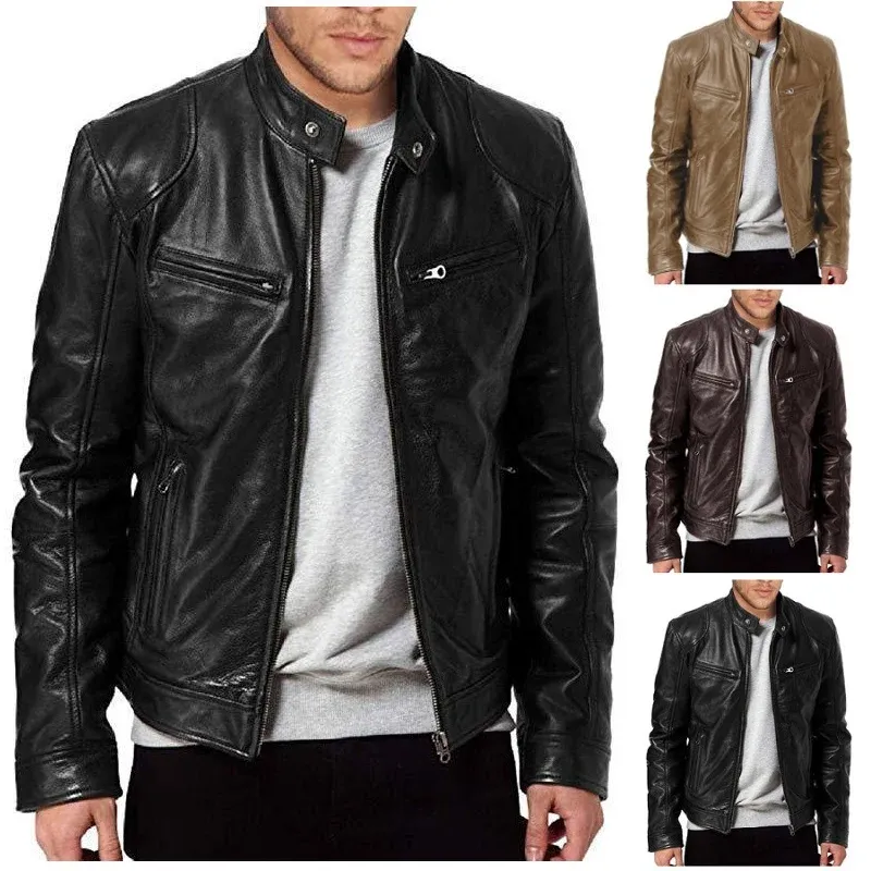 Herren vintage-inspirierte Lederjacke im Bikerstil mit Stehkragen und sichtbaren Reißverschlüssen – Valtoré