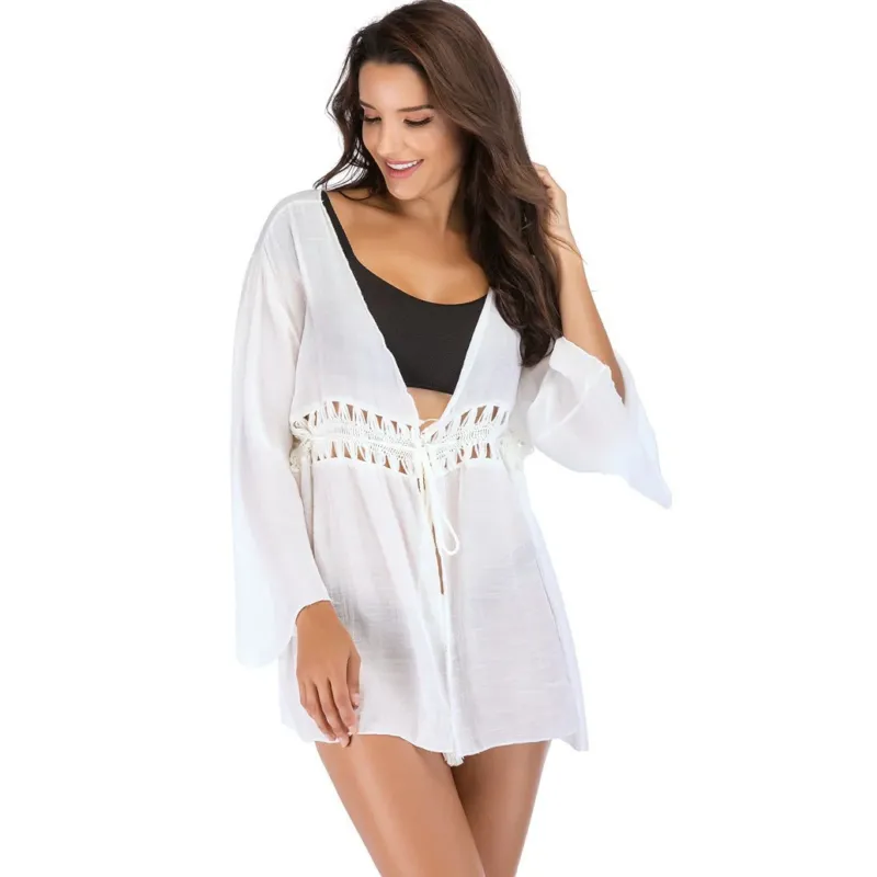 Damen lässige Strandüberwurfjacke mit fransigen Details – Célinea