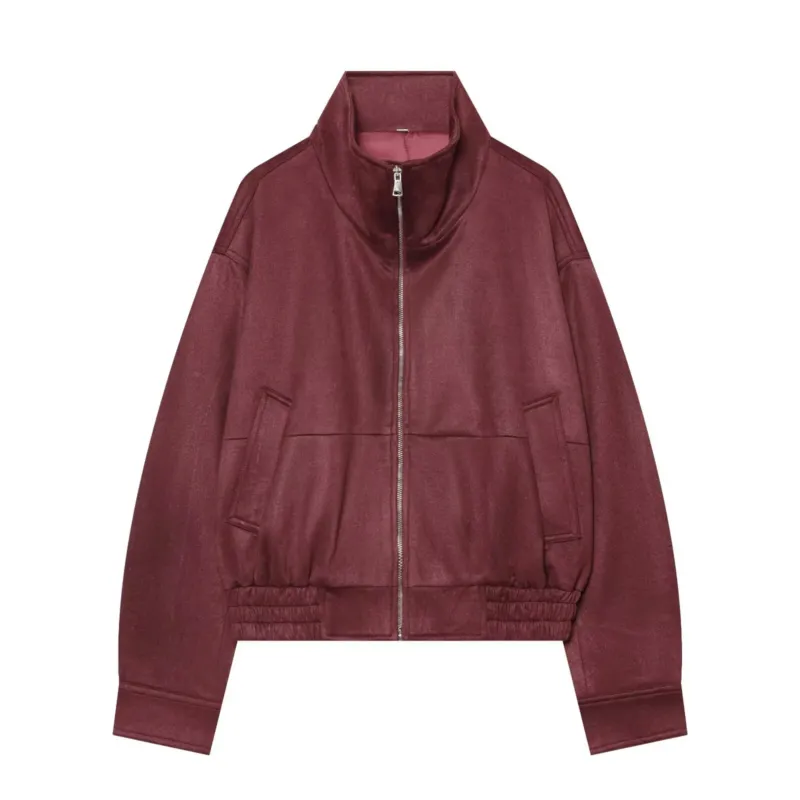 Damen Cropped Bomberjacke aus Veloursimitat mit Stehkragen und elastischem Saum Echo Archiv