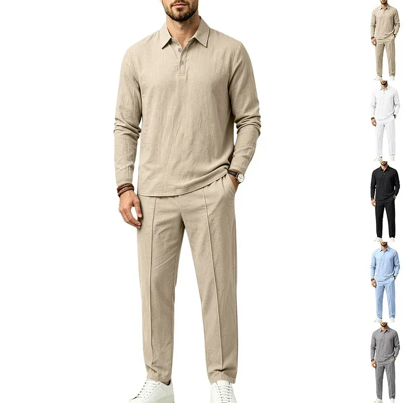 Herren Langarm-Poloshirt und Relaxhose Set aus Leinenoptik mit Tunnelzug – Cavello