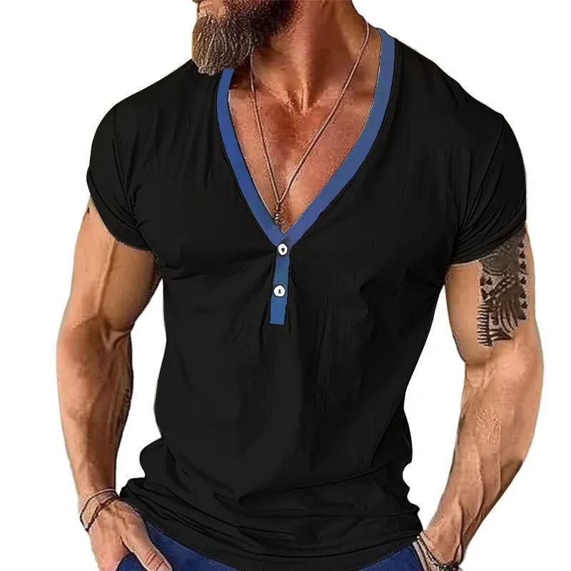 Herren Kurzarm Henley T-Shirt mit stylischem Kragen und zwei Knöpfen – Marzano