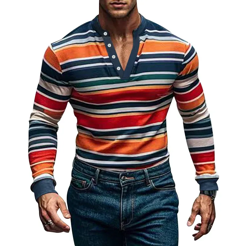 Herren gestreiftes Langarm-Henleyshirt mit Stehkragen und Knopfleiste – Cavarno