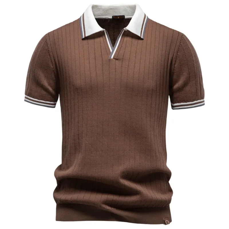 Herren kurzärmliges Feinstrick-Polo mit Kentkragen und Rippenstruktur – Cavello